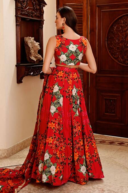 Buy_Sanam_Red Silk Sequins, Beads Mandarin Collar Floral Print Lehenga Set _Online_at_Aza_Fashions