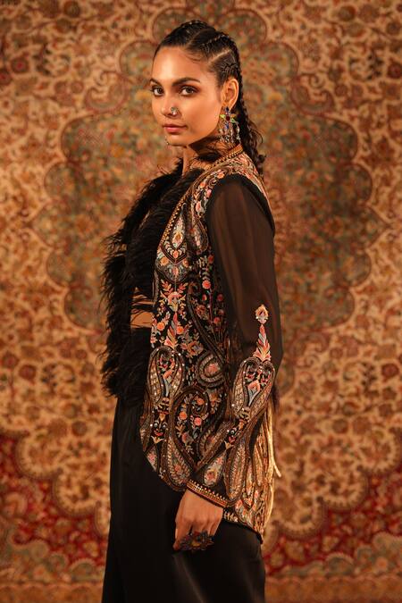 Buy_Aditi Gupta_Black Satin Woven And Embroidered Jamawar Pattern Asymmetric Draped Skirt Set _Online_at_Aza_Fashions