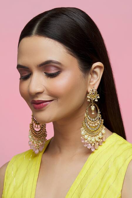 Kiara_Gold Plated Crystals, Pearls Kundan Stone Embellished Chandbalis_at_Aza_Fashions