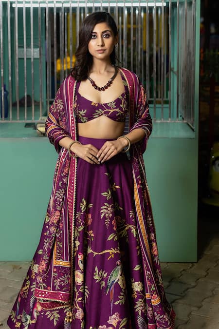 Buy Irrau By Samir Mantri Purple Denim, Chiffon Sequins, Gota Patti, Tropical Vine Print Lehenga Set Online at Aza Fashions Buy_Irrau By Samir Mantri_Purple Denim, Chiffon Sequins, Gota Patti, Tropical Vine Print Lehenga Set _Online_at_Aza_Fashions