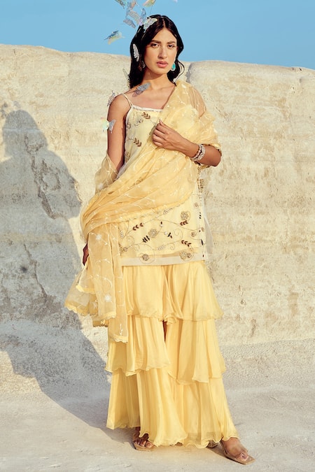 Buy Nikita Vishakha White Silk , Metallic Thread, Zari, Spaghetti Tunic Sharara Set Online at Aza Fashions Buy_Nikita Vishakha_White Silk , Metallic Thread, Zari, Spaghetti Tunic Sharara Set _Online_at_Aza_Fashions