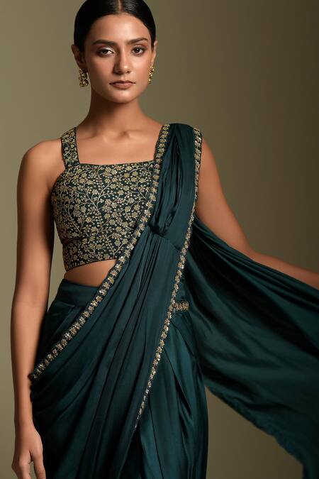 Buy_Two Sisters By Gyans_Green Blouse Georgette, Saree Satin Pre-draped Dhoti With Embellished _Online_at_Aza_Fashions