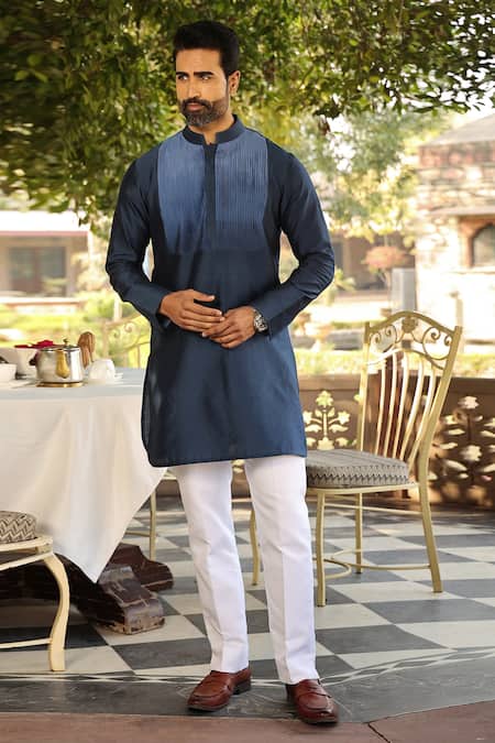 Buy_Raw & Rustic By Niti Bothra_Blue Chanderi Silk Embroidery Banarasi Ombre Kurta _Online_at_Aza_Fashions
