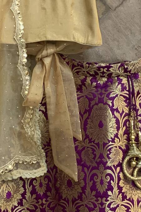 Buy_The Plum Bum_Gold Tissue, Brocade, Organza Embroidery, Sequins Floral Lehenga Set _Online_at_Aza_Fashions