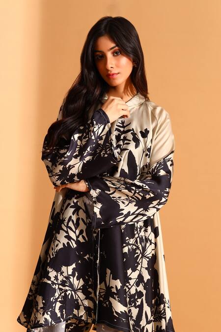 Buy_Moh India_Beige Silk, Cotton Collared Floral Print Long Tunic And Trouser Set_Online_at_Aza_Fashions
