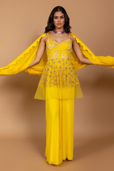 Buy_Varun Bahl_Yellow Georgette Embroidery, Sequins V-neck Peplum Jumpsuit With Dupatta _Online_at_Aza_Fashions