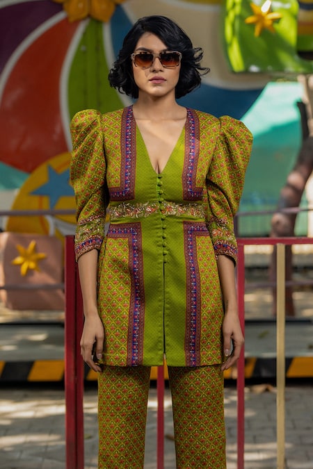 Buy Irrau By Samir Mantri Green Linen, Satin Embroidery V-neck Quatrefoil Floral Print Top With Pant Online at Aza Fashions Buy_Irrau By Samir Mantri_Green Linen, Satin Embroidery V-neck Quatrefoil Floral Print Top With Pant _Online_at_Aza_Fashions