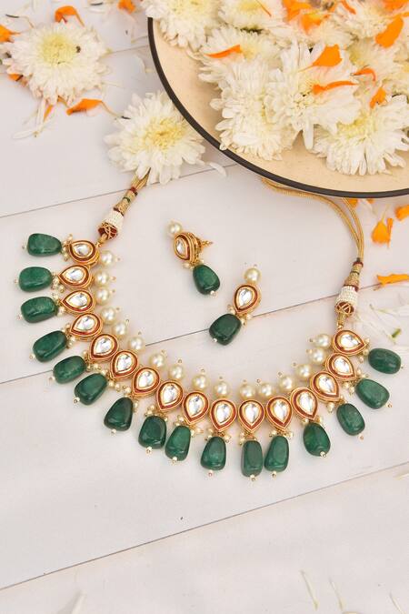 Buy_Swabhimann_Green Pearls, Diamonds Kundan Embellished Necklace Set _Online_at_Aza_Fashions