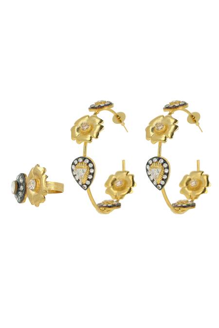 Buy_Ishhaara_Gold Plated Crystals, Stones Floral Hoop Earrings And Ring Set _Online_at_Aza_Fashions