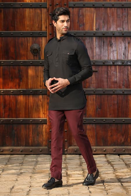 Buy_Raw & Rustic By Niti Bothra_Black Linen, Cotton Solid Shirt Kurta _Online_at_Aza_Fashions