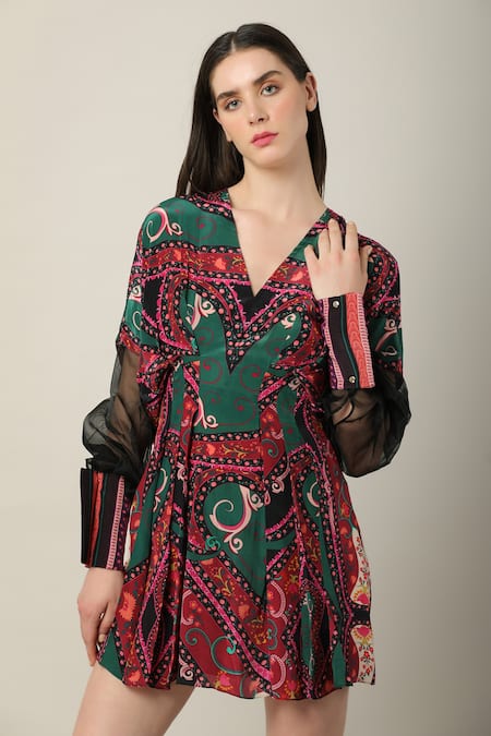 Buy_Limerick By Abirr N' Nanki_Multi Color Organza, Crepe V-neck Anya Printed Bishop Sleeves Dress _Online_at_Aza_Fashions