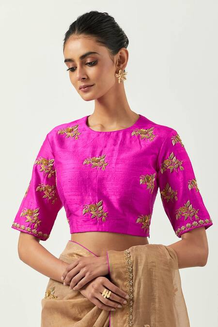 Buy_Label Earthen_Gold Tissue Embroidery Round Neck Surmai Gulab Saree With Blouse _Online_at_Aza_Fashions