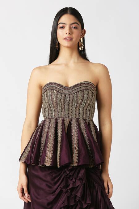 Buy_Labbada_Purple Chanderi Hand Embroidered Marodi Sweetheart Peplum Top And Frill Skirt Set_Online_at_Aza_Fashions