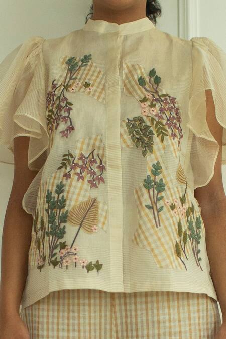 Buy_Oja_Cream Handloom Silk Floral Applique Band Collar Embroidered Shirt And Pant Set _Online_at_Aza_Fashions