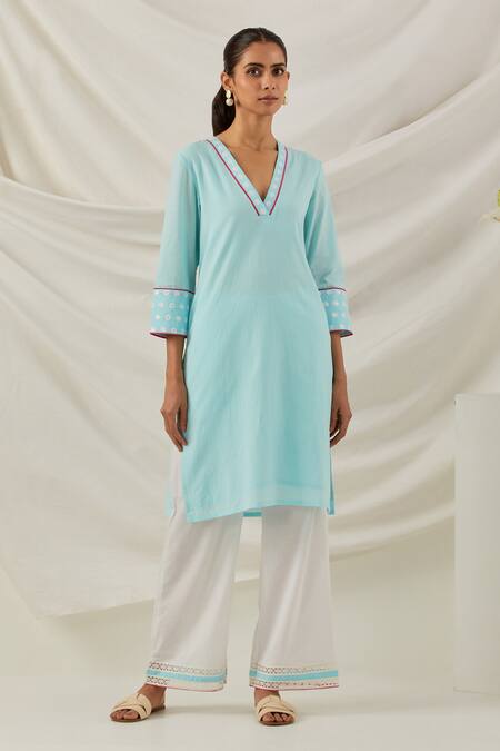 Buy_The Indian Cause_Blue Cotton Piping, Embroidery V-neck Solid Kurta Pant Set_Online_at_Aza_Fashions