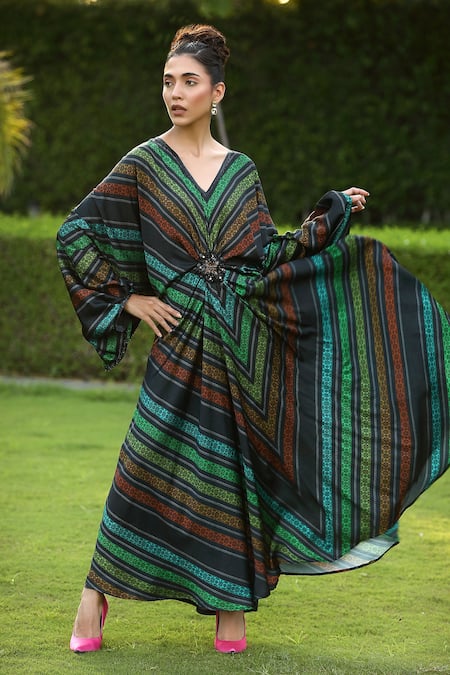 Buy_Shilpi Gupta_Multi Color Armani Satin Floral, Stripe V Neck Print Maxi Dress _Online_at_Aza_Fashions