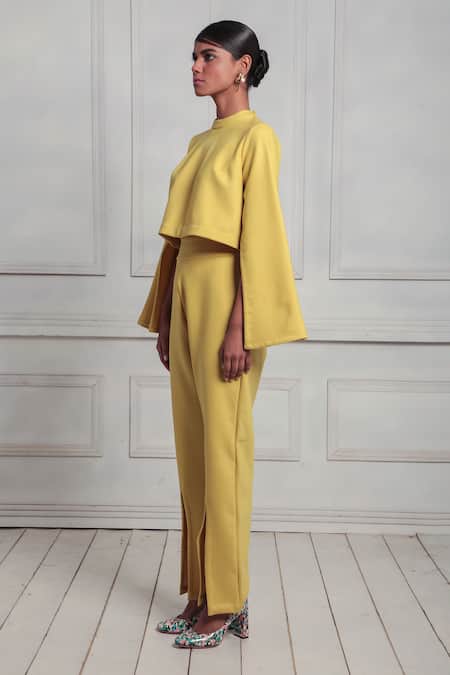 Buy_Couché By Anandini_Yellow Crepe Mandarin Collar Plain Box Top And Pant Set _Online_at_Aza_Fashions