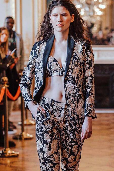 Shop Dash And Dot Black 20% Viscose, 3% Elastane, 77% Polyester Gara Embroidered And Pant Set Online at Aza Fashions Shop_Dash And Dot_Black 20% Viscose, 3% Elastane, 77% Polyester Gara Embroidered And Pant Set _Online_at_Aza_Fashions