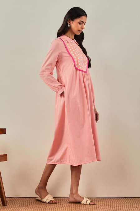 Buy_The Indian Cause_Peach Cotton Embroidery, Sequins Collared Yoke Dress_Online_at_Aza_Fashions
