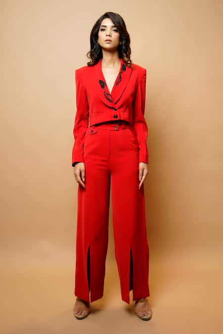 Buy_Ahi Clothing_Red Imported Luxury  Lining Cropped Blazer With Front Slit Pant_Online_at_Aza_Fashions