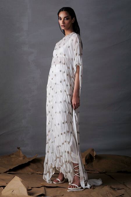 Buy_AK-OK_White Chiffon Sequins Round Neck Crop Top Skirt Set With Slip Dress _Online_at_Aza_Fashions