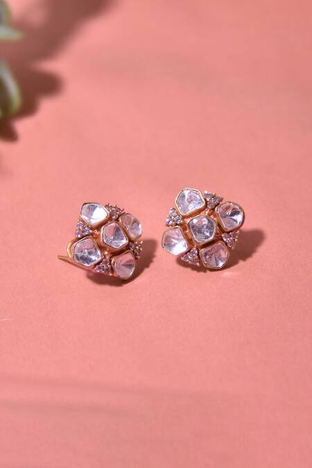 Swabhimann_White Diamonds, Stones Polki Embellished Stud Earrings _Online_at_Aza_Fashions