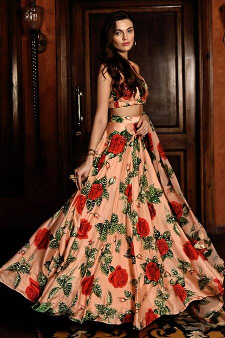Buy_Sanam_Peach Silk Sequins, Embroidery, Stones Rosette Print Lehenga Set 