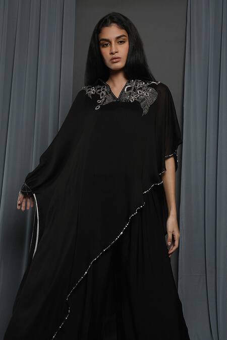 Buy_Krishna Mehta_Black Chanderi Embroidered Sequins Round Cape Tunic _Online_at_Aza_Fashions