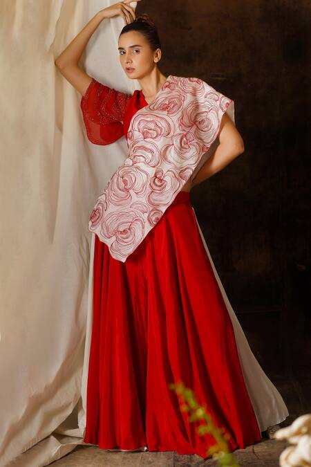 Buy_Eclat By Prerika Jalan_Red Satin, Organza, Crepe Cut Work V-neck Embroidered Top And Flared Pant Set _Online_at_Aza_Fashions
