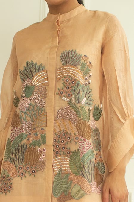 Buy Oja Gold Handloom Silk Applique Band Collar Embroidered Tunic And Pant Set Online at Aza Fashions Buy_Oja_Gold Handloom Silk Applique Band Collar Embroidered Tunic And Pant Set _Online_at_Aza_Fashions