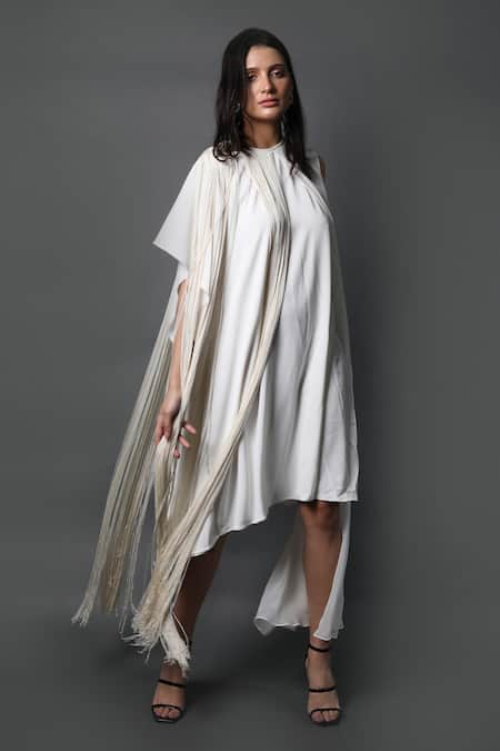 Buy Swatee Singh White Crepe Fringe Round Neck Asymmetric Dress Online at Aza Fashions Buy_Swatee Singh_White Crepe Fringe Round Neck Asymmetric Dress _Online_at_Aza_Fashions