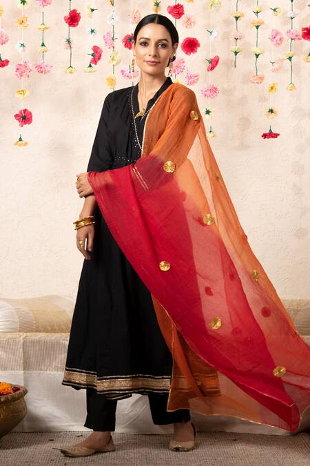Buy_Marche_Black Dupatta  Kota Doria, Kurta And Pant  Cotton V Neck Kalidar Angrakha Set _Online_at_Aza_Fashions