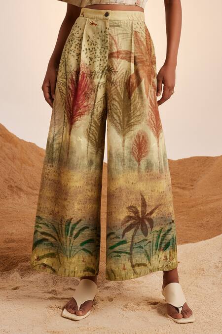 Buy_Cord_White Linen, Cotton Collared Wood Print Crop Top And Pant Set_Online_at_Aza_Fashions