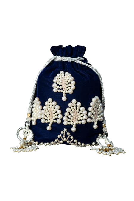 ClutcH'D Blue Pearls, Beads Velvet Potli Bag Online at Aza Fashions ClutcH'D_Blue Pearls, Beads Velvet Potli Bag _Online_at_Aza_Fashions