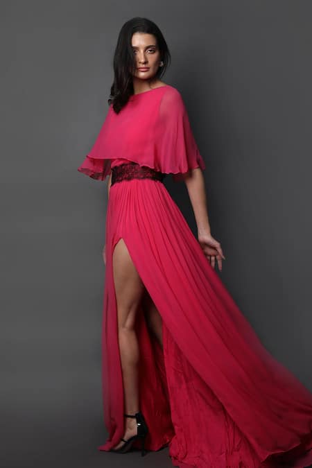 Buy_Swatee Singh_Fuchsia Georgette Lace Bandeau Neck Bateau Slit Gown _Online_at_Aza_Fashions