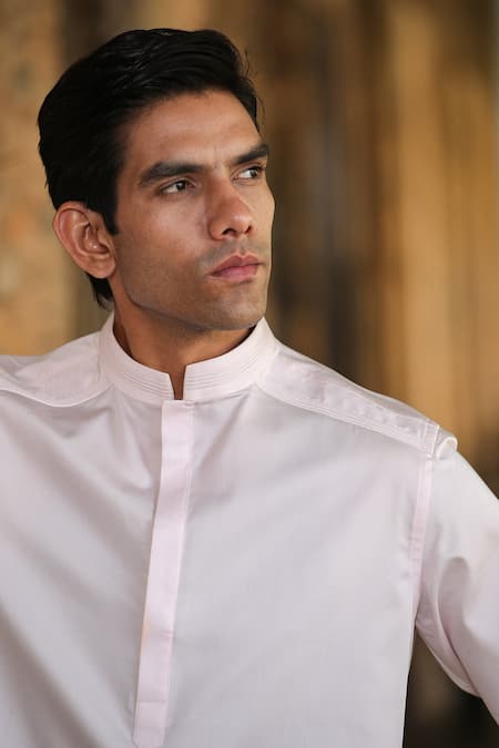 Buy_Raw & Rustic By Niti Bothra_Pink Cotton Embroidery Mandarin Collar Straight Kurta Shirt _Online_at_Aza_Fashions