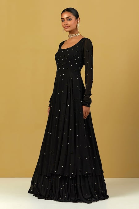 Buy Ikshita Choudhary Black Georgette Embroidery Scoop Neck Layered Anarkali With Dupatta Online at Aza Fashions Buy_Ikshita Choudhary_Black Georgette Embroidery Scoop Neck Layered Anarkali With Dupatta _Online_at_Aza_Fashions