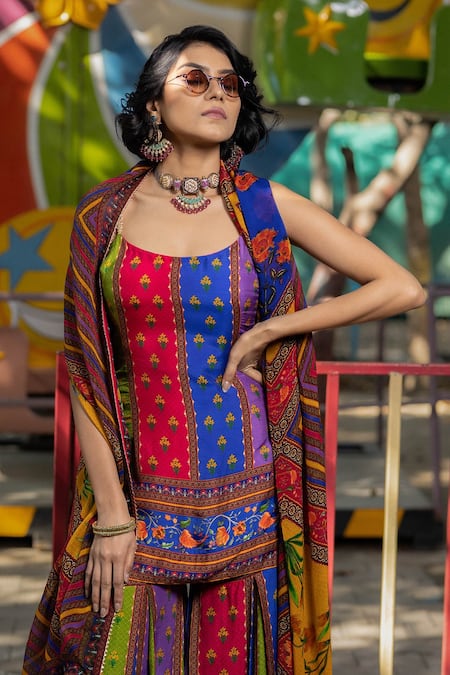 Buy Irrau By Samir Mantri Multi Color Silk Gota Patti, Embroidery, Floral And Stripe Print Gharara Set Online at Aza Fashions Buy_Irrau By Samir Mantri_Multi Color Silk Gota Patti, Embroidery, Floral And Stripe Print Gharara Set _Online_at_Aza_Fashions