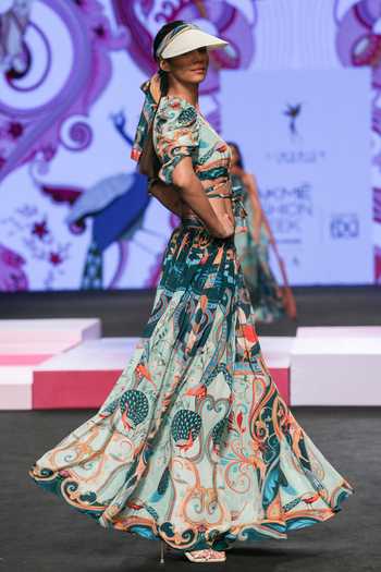 Limerick By Abirr N' Nanki_Multi Color Crepe Embroidery Plunge Neck Lile Peacock Print Crop Top _Online_at_Aza_Fashions