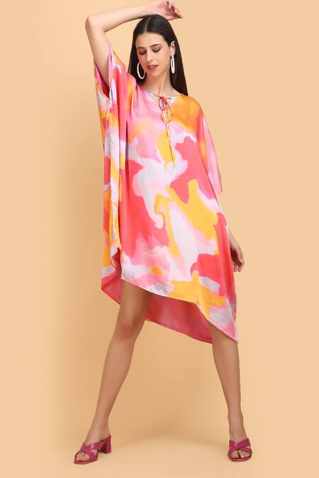 Buy_Label Ivish_Pink Silk, Satin Keyhole Neck Abstract Print Asymmetric Kaftan _Online_at_Aza_Fashions
