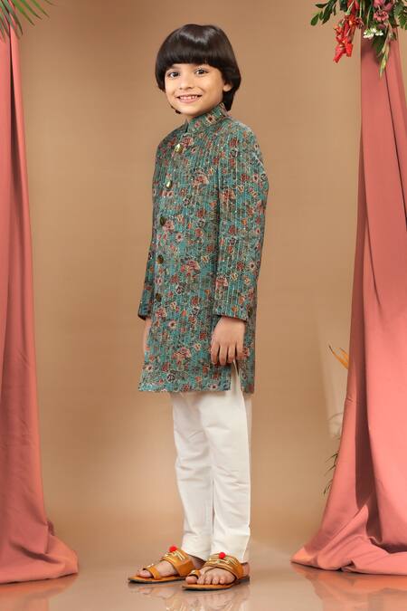 Buy_Kora By Nilesh Mitesh_Green Velvet, Cotton Embroidery Mughal Print Sherwani Set_Online_at_Aza_Fashions
