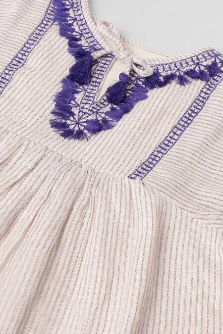 Byb Premium_Beige Cotton, Lurex Embroidery Striped Top _Online_at_Aza_Fashions