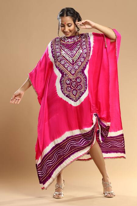 Buy_Etasha By Asha Jain_Purple Gabardine Mirrors, Crystals Round Embellished Bandhani Pattern Kaftan _Online_at_Aza_Fashions