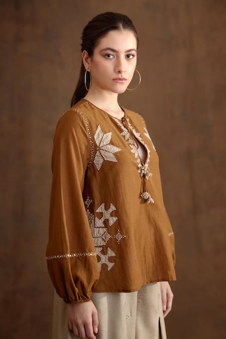 Nikasha_Brown Cotton, Silk Beads, Tassels Keyhole Neck Applique Embroidered Top _Online_at_Aza_Fashions