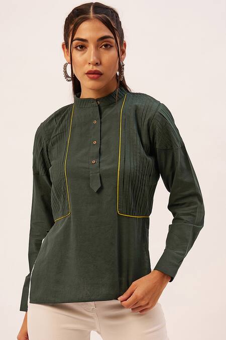 Buy_Zariya The Label_Green Cotton Piping Mandarin Collar Pintuck Side Slit Top _Online_at_Aza_Fashions