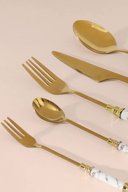 Buy_Table Manners_Gold Stainless Steel/ Reinforced Porcelain Marble And Cutlery Set_Online_at_Aza_Fashions