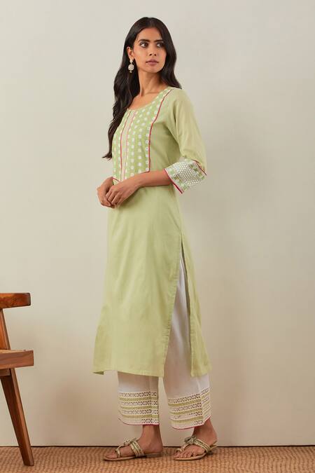 Shop The Indian Cause Green Cotton Embroidery Chikankari Round Rooh Straight Kurta Set Online at Aza Fashions Shop_The Indian Cause_Green Cotton Embroidery Chikankari Round Rooh Straight Kurta Set_Online_at_Aza_Fashions