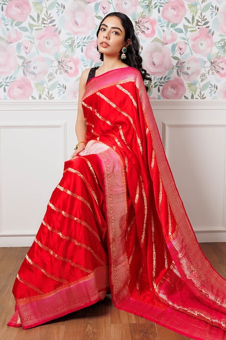 Buy_Paaprika_Pink , Chanderi Zari, Embroidery Handwoven Mashru Saree _Online_at_Aza_Fashions
