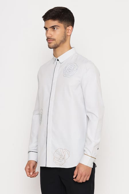 Buy_Lacquer Embassy_Gray Cotton Embroidery, Piping Grey Floral Shirt _Online_at_Aza_Fashions