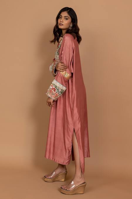 Buy_Varun Bahl_Pink Chanderi Silk Embroidered Patchwork Nakshi V Neck Kaftan_Online_at_Aza_Fashions